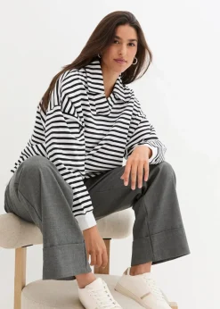 bonprix Bekleidung·Blusen & Tuniken|Nachhaltigere Materialien^Oversize-Sweatshirt mit V-Ausschnitt und Polokragen weiß/schwarz gestreift