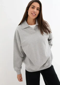 bonprix Sweat|Nachhaltigere Materialien^Oversize-Sweatshirt mit V-Ausschnitt und Polokragen hellgrau meliert