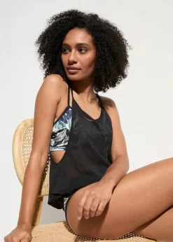 bonprix Tankinis|Bademode·Tankinis^Oversize-Tankini mit Bustier-Bikinioberteil (3-tlg.Set) blau/schwarz floral