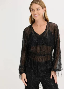 bonprix Bekleidung·Jacken & Mäntel|Blusen & Tuniken^Pailletten-Bluse mit Fransen schwarz