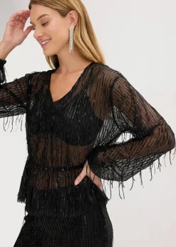 bonprix Bekleidung·Jacken & Mäntel|Blusen & Tuniken^Pailletten-Bluse mit Fransen schwarz