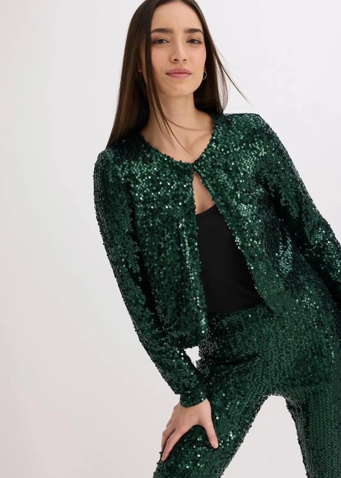 bonprix Bekleidung·Hosen|Zweiteiler & Sets^Pailletten-Jacke tiefgrün