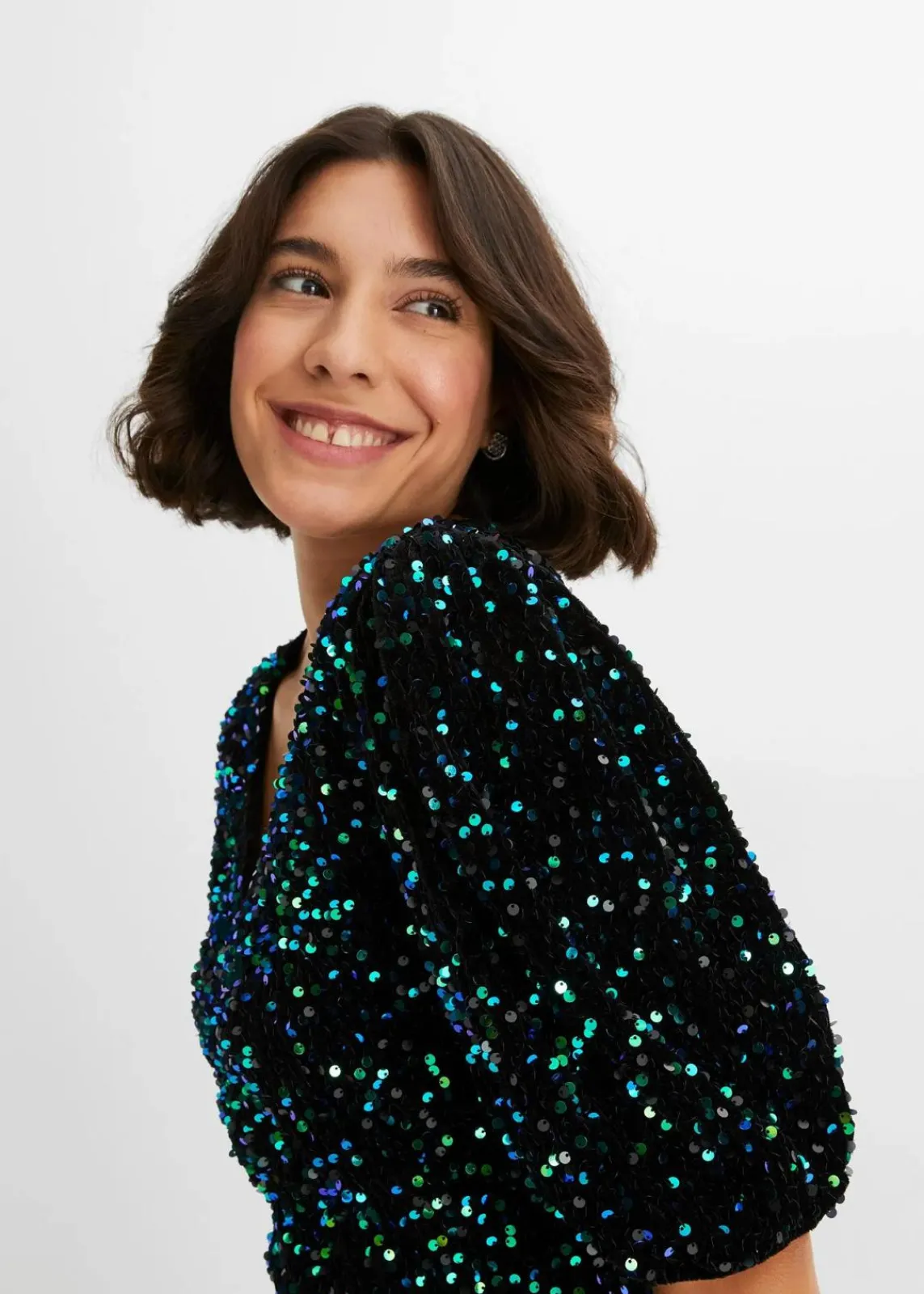 bonprix Bekleidung·Pullover & Strickjacken^Paillettenkleid schwarz/blaugrün