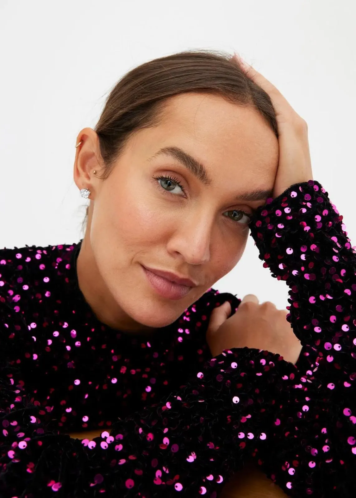 bonprix Kleider|Bekleidung·Pullover & Strickjacken^Paillettenkleid schwarz/pink