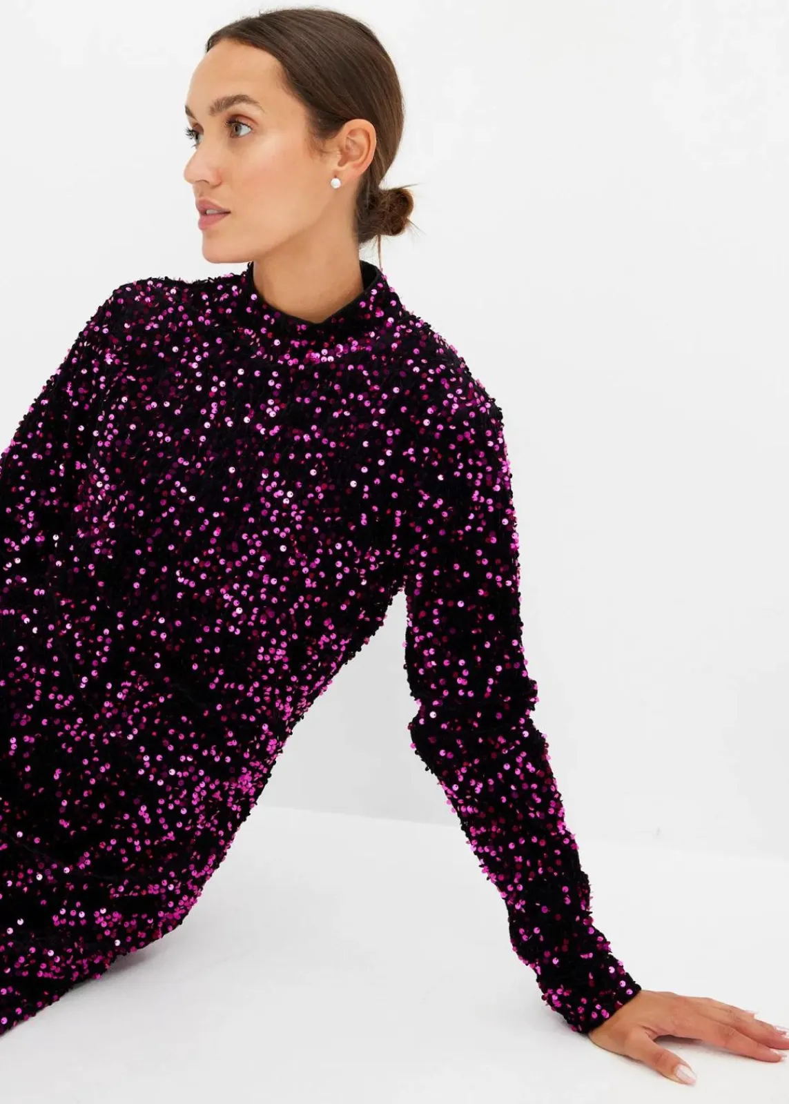 bonprix Kleider|Bekleidung·Pullover & Strickjacken^Paillettenkleid schwarz/pink