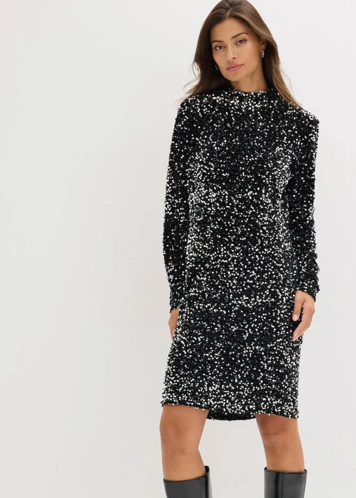 bonprix Bekleidung·Pullover & Strickjacken|Kleider^Paillettenkleid schwarz/silber