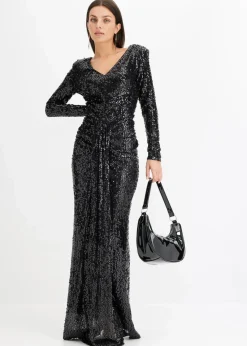 bonprix Kurzgrößen|Kurzgrößen^Paillettenkleid mit Drapierung schwarz