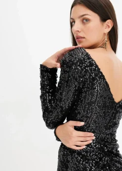 bonprix Kurzgrößen|Kurzgrößen^Paillettenkleid mit Drapierung schwarz