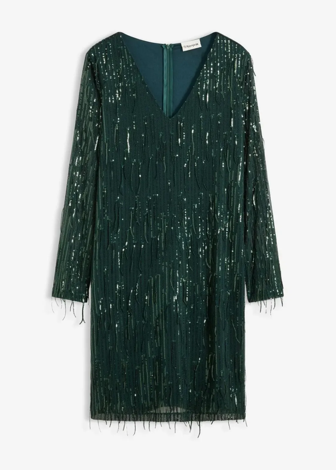 bonprix Bekleidung·Pullover & Strickjacken|Kleider^Paillettenkleid mit Fransen tiefgrün