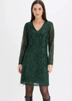 bonprix Bekleidung·Pullover & Strickjacken|Kleider^Paillettenkleid mit Fransen tiefgrün