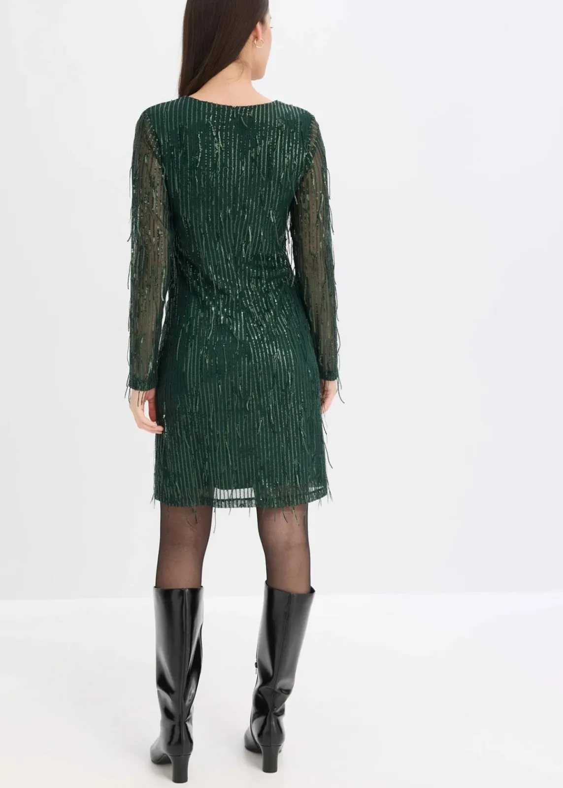 bonprix Bekleidung·Pullover & Strickjacken|Kleider^Paillettenkleid mit Fransen tiefgrün