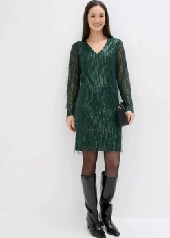 bonprix Bekleidung·Pullover & Strickjacken|Kleider^Paillettenkleid mit Fransen tiefgrün