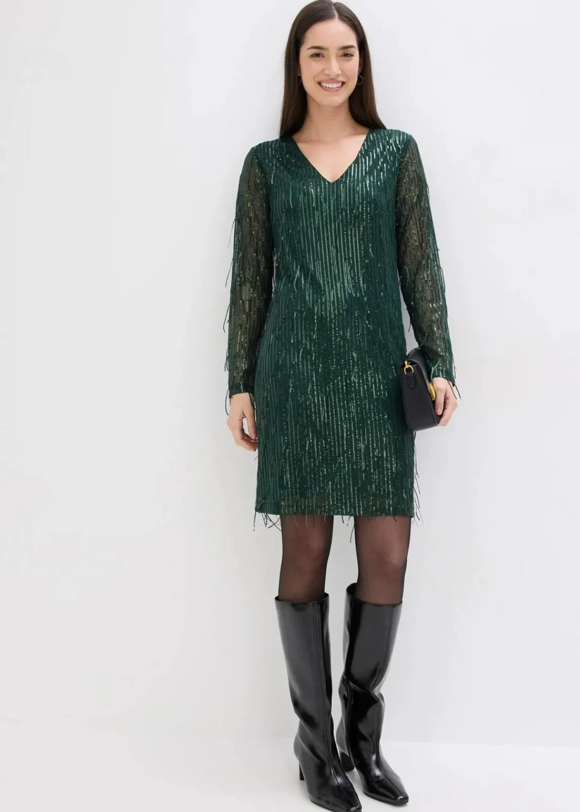 bonprix Bekleidung·Pullover & Strickjacken|Kleider^Paillettenkleid mit Fransen tiefgrün