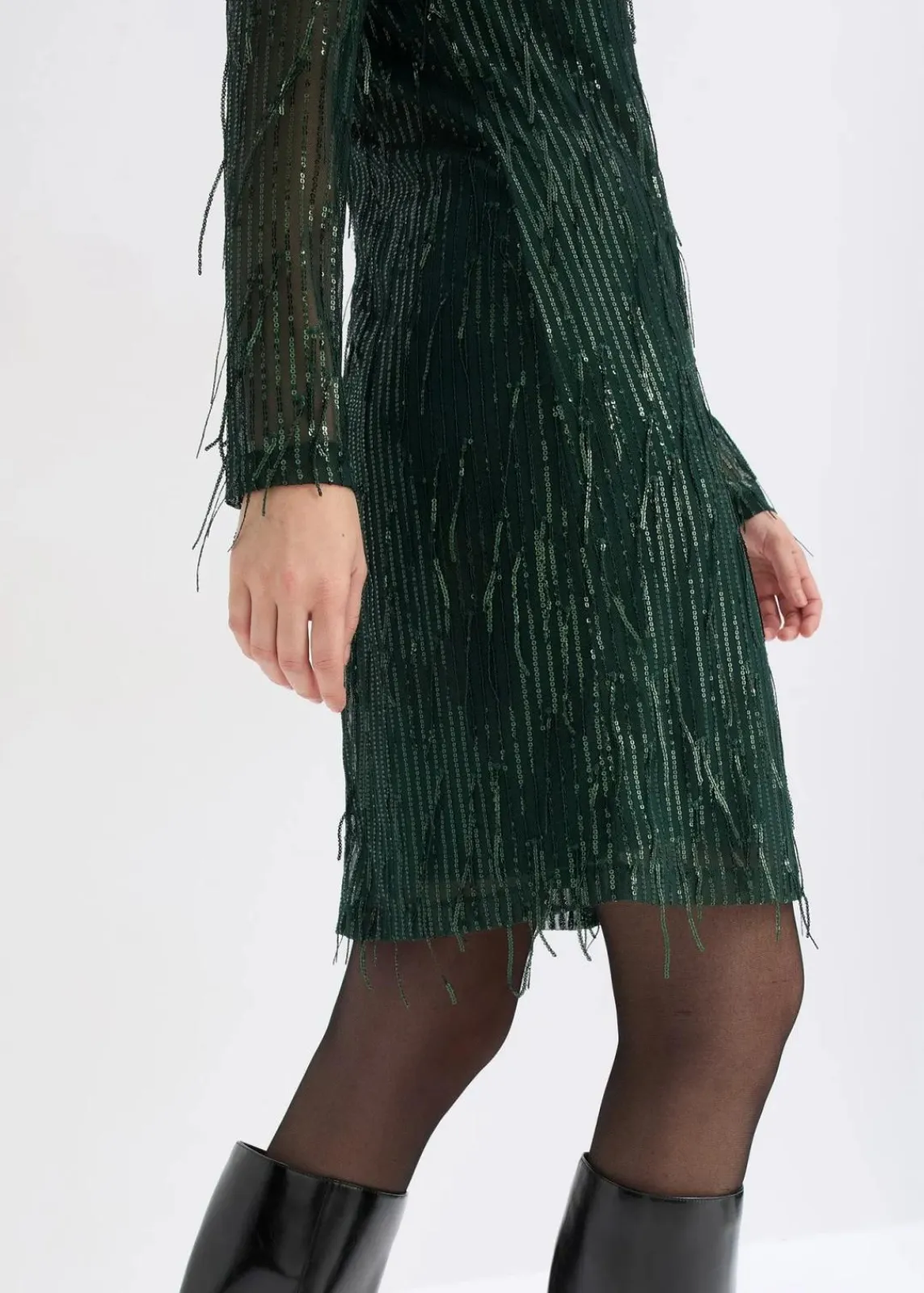 bonprix Bekleidung·Pullover & Strickjacken|Kleider^Paillettenkleid mit Fransen tiefgrün