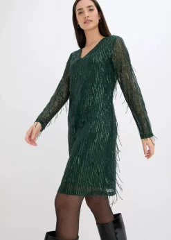 bonprix Bekleidung·Pullover & Strickjacken|Kleider^Paillettenkleid mit Fransen tiefgrün
