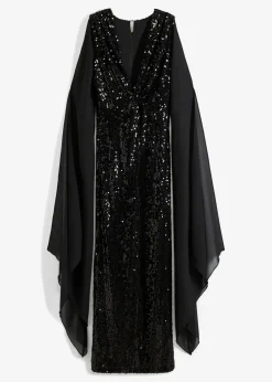 bonprix Kurzgrößen|Kurzgrößen^Paillettenkleid mit langen Chiffon-Ärmeln schwarz
