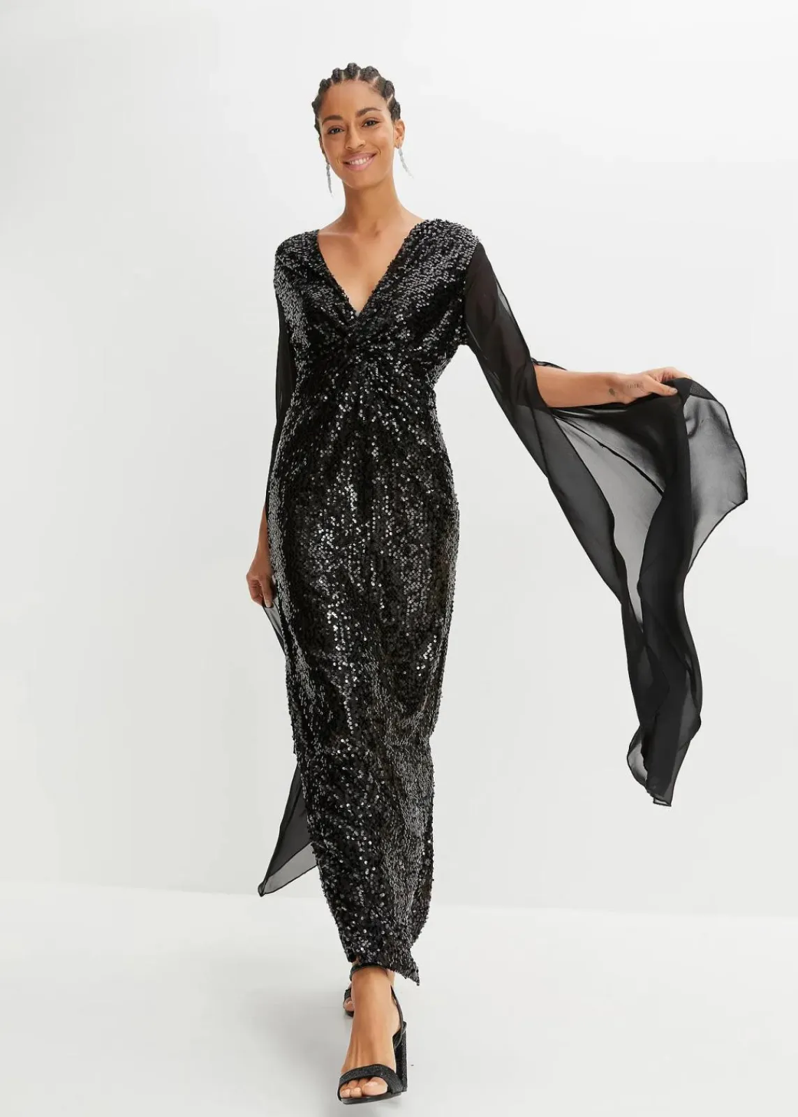 bonprix Kurzgrößen|Kurzgrößen^Paillettenkleid mit langen Chiffon-Ärmeln schwarz