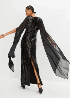 bonprix Kurzgrößen|Kurzgrößen^Paillettenkleid mit langen Chiffon-Ärmeln schwarz