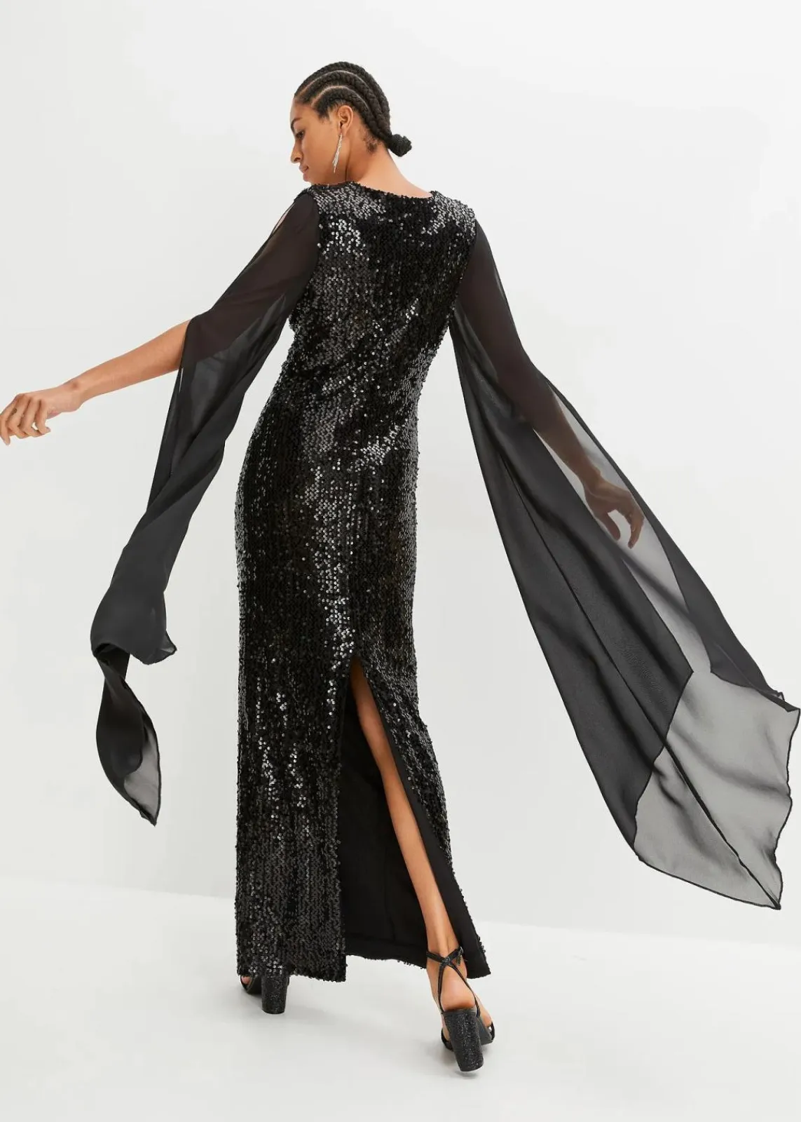 bonprix Kurzgrößen|Kurzgrößen^Paillettenkleid mit langen Chiffon-Ärmeln schwarz