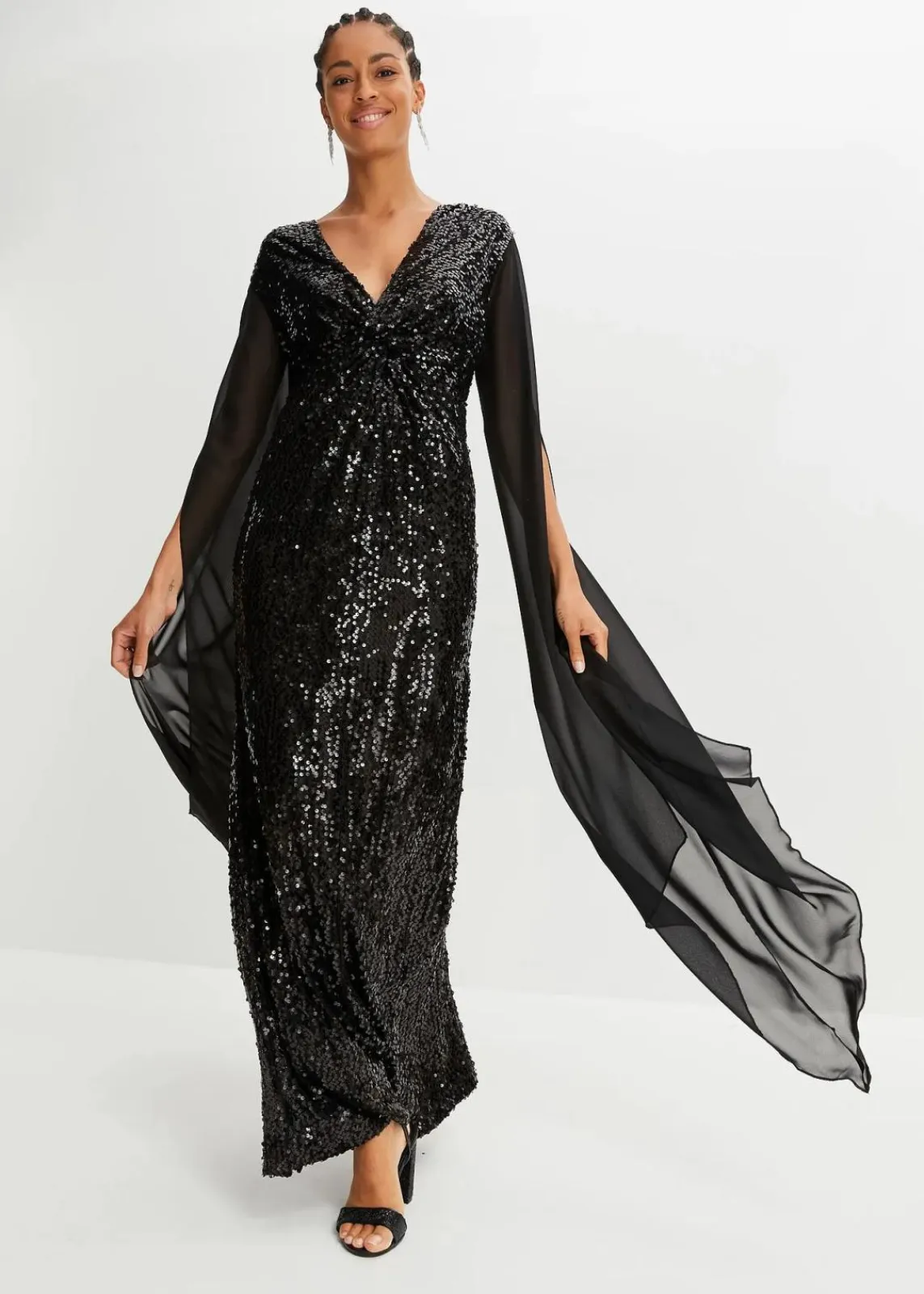 bonprix Kurzgrößen|Kurzgrößen^Paillettenkleid mit langen Chiffon-Ärmeln schwarz