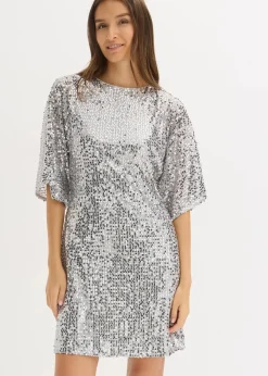 bonprix Bekleidung·Pullover & Strickjacken|Kleider^Paillettenkleid mit Schleifendetail silber