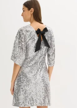 bonprix Bekleidung·Pullover & Strickjacken|Kleider^Paillettenkleid mit Schleifendetail silber