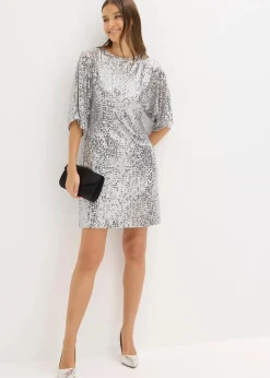 bonprix Bekleidung·Pullover & Strickjacken|Kleider^Paillettenkleid mit Schleifendetail silber