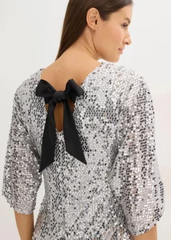 bonprix Bekleidung·Pullover & Strickjacken|Kleider^Paillettenkleid mit Schleifendetail silber