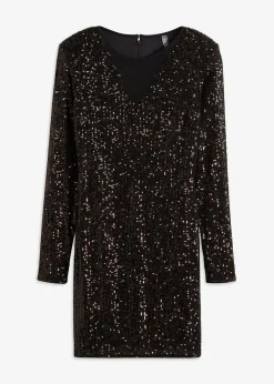 bonprix Bekleidung·Pullover & Strickjacken|Kleider^Paillettenkleid mit Schulterpolstern schwarz/kaffeebraun metallic