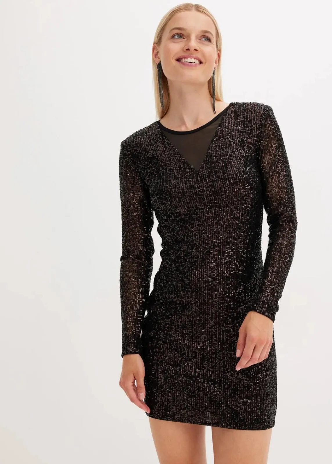 bonprix Bekleidung·Pullover & Strickjacken|Kleider^Paillettenkleid mit Schulterpolstern schwarz/kaffeebraun metallic