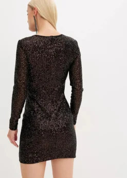 bonprix Bekleidung·Pullover & Strickjacken|Kleider^Paillettenkleid mit Schulterpolstern schwarz/kaffeebraun metallic