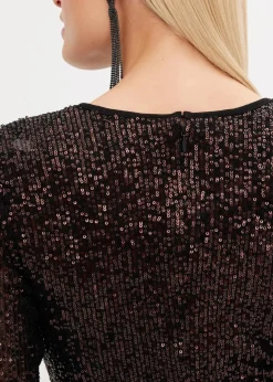 bonprix Bekleidung·Pullover & Strickjacken|Kleider^Paillettenkleid mit Schulterpolstern schwarz/kaffeebraun metallic