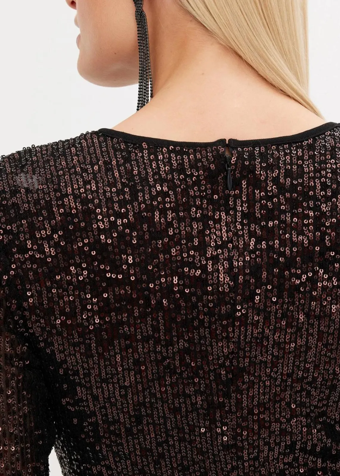 bonprix Bekleidung·Pullover & Strickjacken|Kleider^Paillettenkleid mit Schulterpolstern schwarz/kaffeebraun metallic