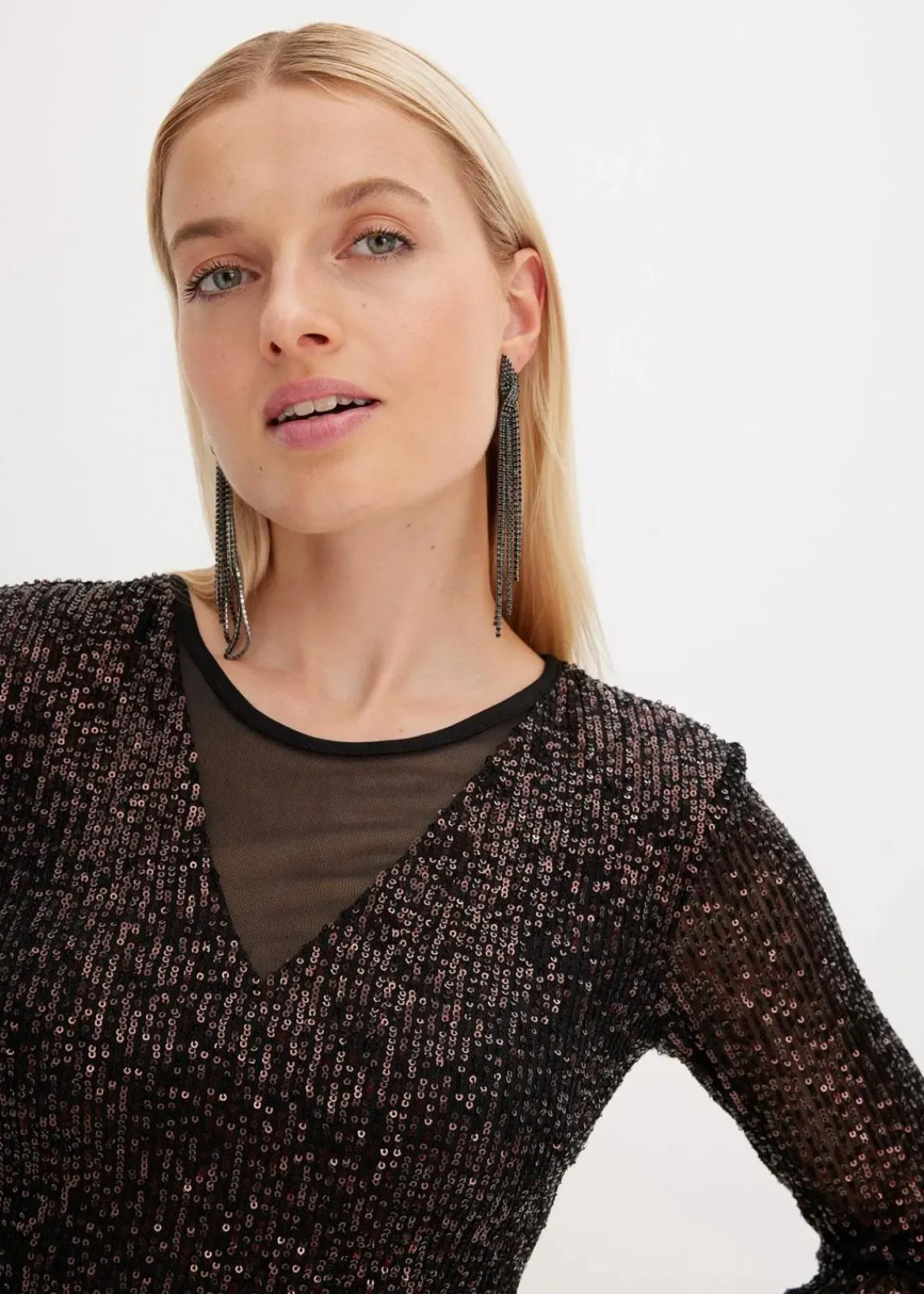 bonprix Bekleidung·Pullover & Strickjacken|Kleider^Paillettenkleid mit Schulterpolstern schwarz/kaffeebraun metallic