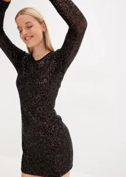 bonprix Bekleidung·Pullover & Strickjacken|Kleider^Paillettenkleid mit Schulterpolstern schwarz/kaffeebraun metallic