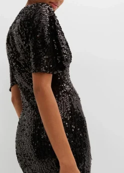 bonprix Kurzgrößen|Kurzgrößen^Paillettenkleid mit tiefem Ausschnitt schwarz