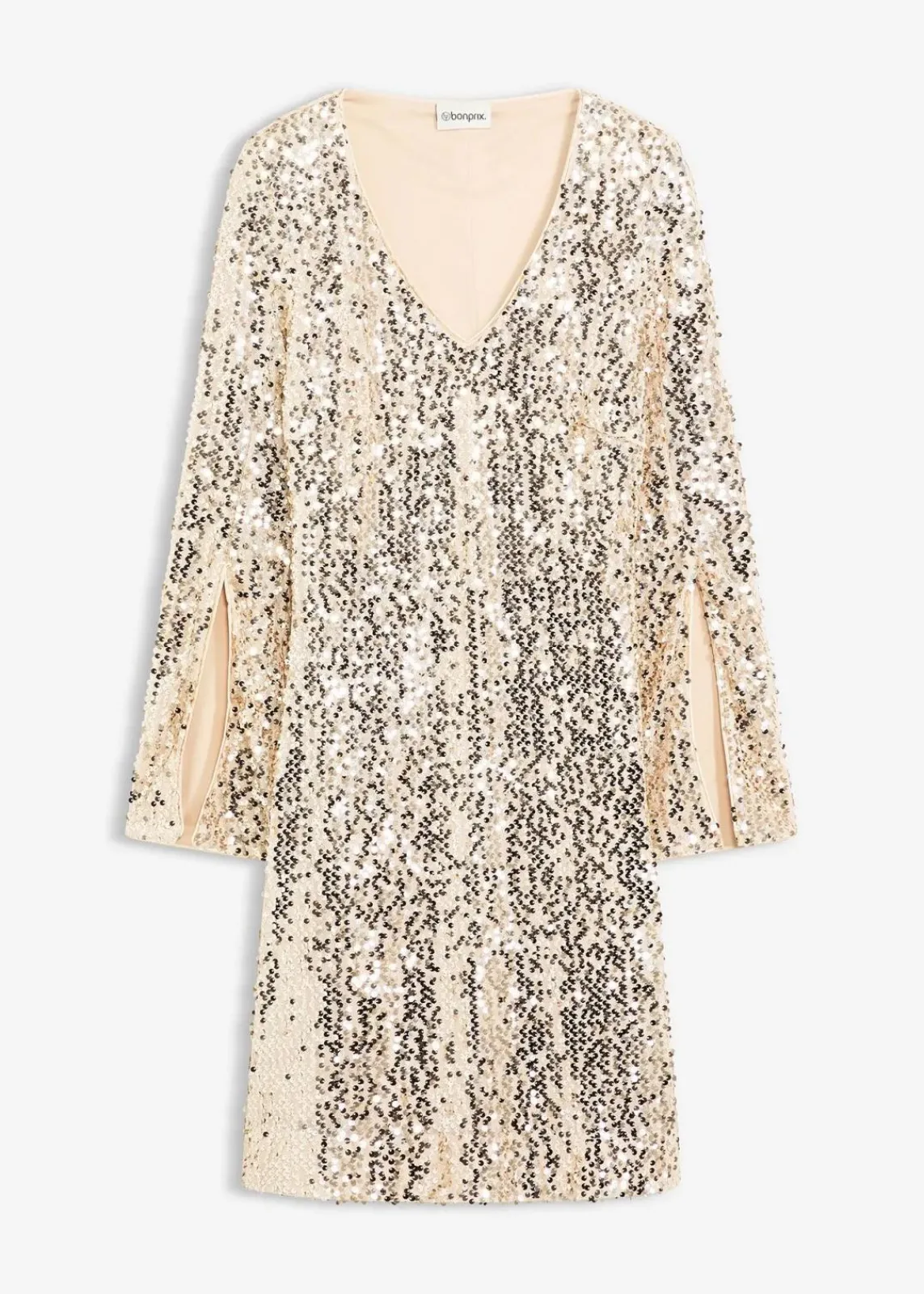 bonprix Kleider|Kurzgrößen^Paillettenkleid mit Trompeten-Ärmel gold beige