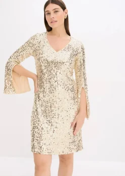 bonprix Kleider|Kurzgrößen^Paillettenkleid mit Trompeten-Ärmel gold beige