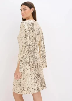 bonprix Kleider|Kurzgrößen^Paillettenkleid mit Trompeten-Ärmel gold beige