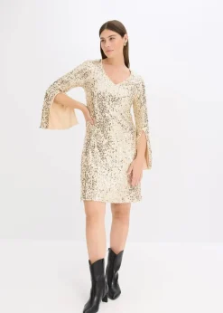 bonprix Kleider|Kurzgrößen^Paillettenkleid mit Trompeten-Ärmel gold beige