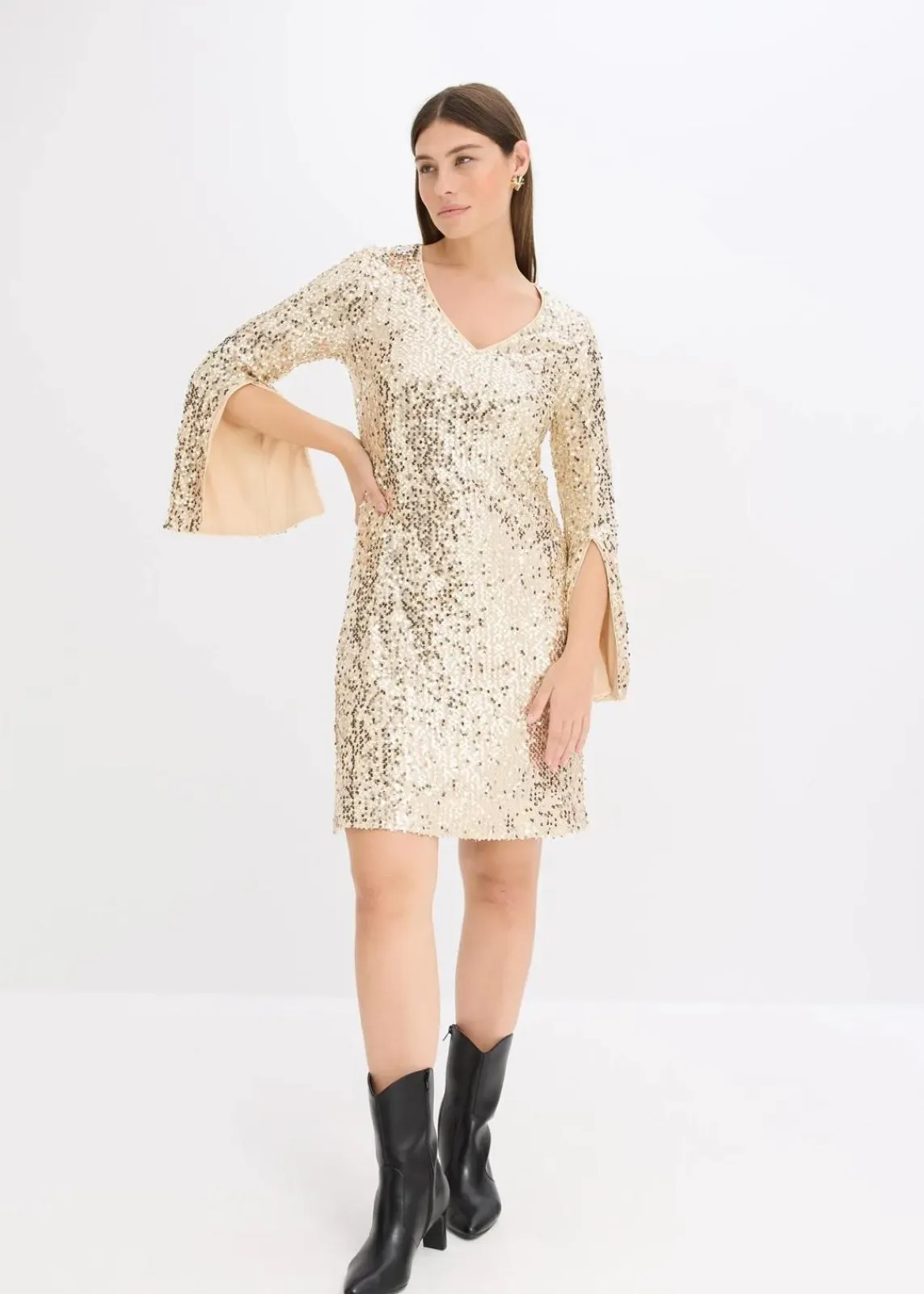 bonprix Kleider|Kurzgrößen^Paillettenkleid mit Trompeten-Ärmel gold beige
