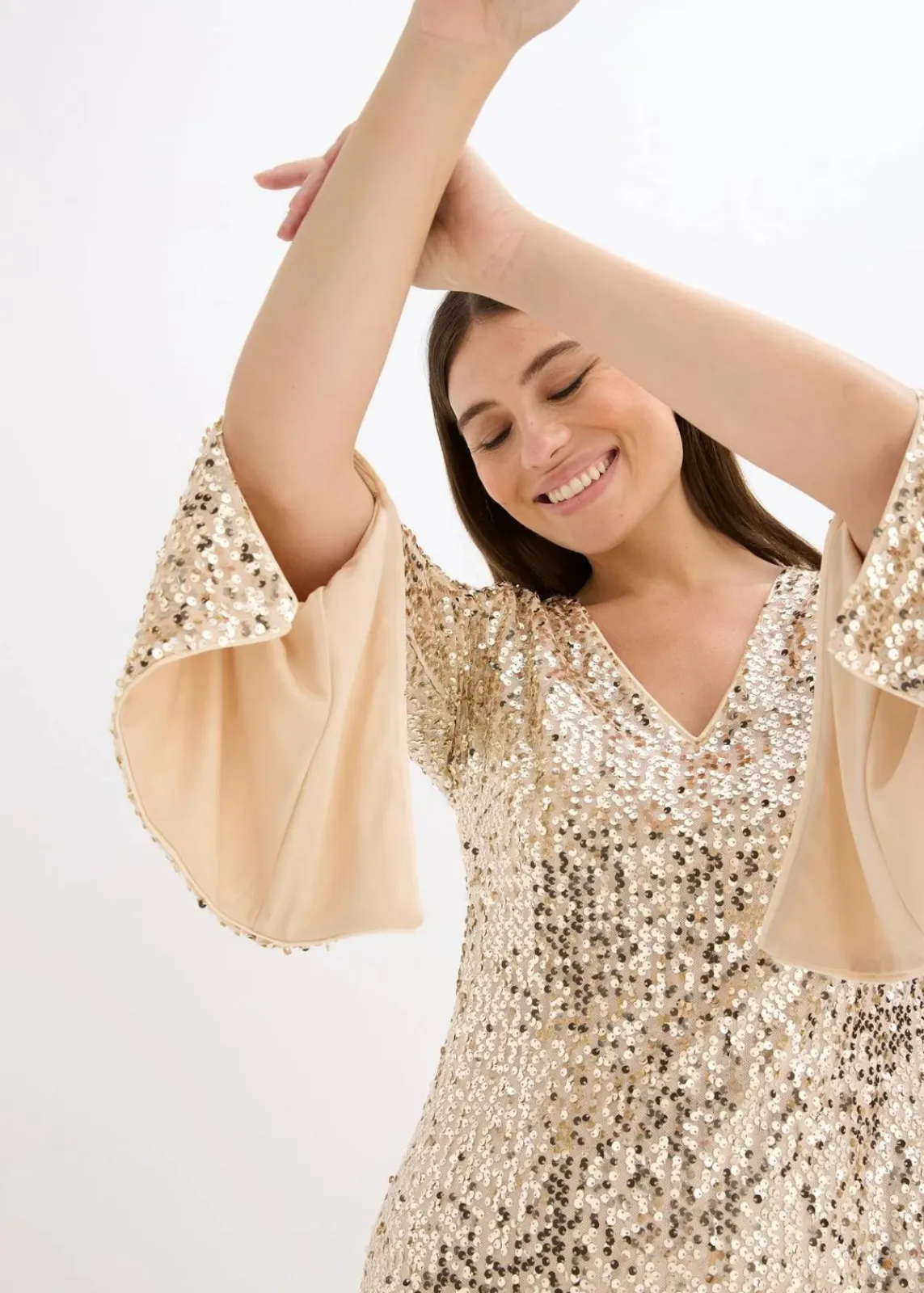 bonprix Kleider|Kurzgrößen^Paillettenkleid mit Trompeten-Ärmel gold beige