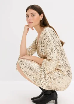 bonprix Kleider|Kurzgrößen^Paillettenkleid mit Trompeten-Ärmel gold beige