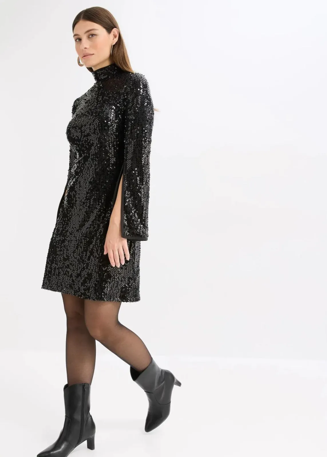 bonprix Kleider|Bekleidung·Pullover & Strickjacken^Paillettenkleid mit Trompeten-Ärmel schwarz
