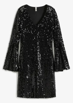 bonprix Kleider|Kurzgrößen^Paillettenkleid mit Trompeten-Ärmel schwarz