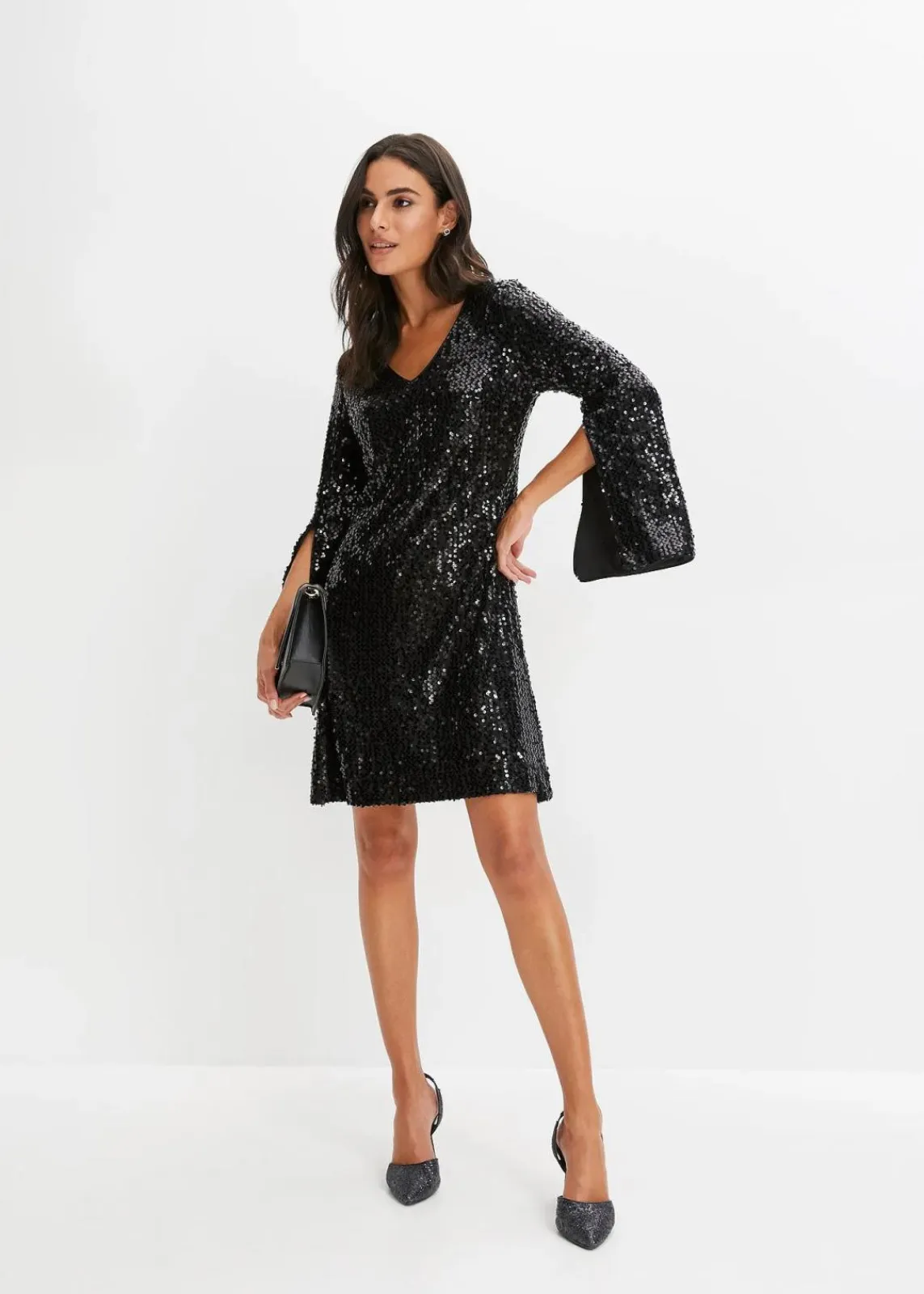 bonprix Kleider|Kurzgrößen^Paillettenkleid mit Trompeten-Ärmel schwarz