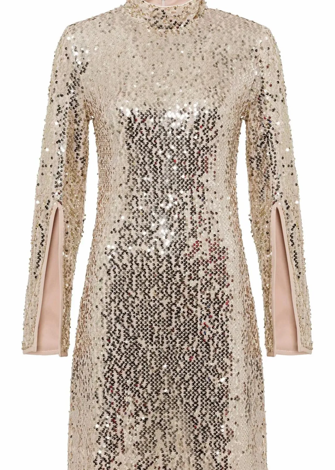 bonprix Bekleidung·Pullover & Strickjacken|Kleider^Paillettenkleid mit Trompeten-Ärmel gold/beige