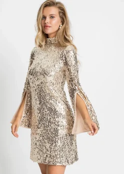 bonprix Bekleidung·Pullover & Strickjacken|Kleider^Paillettenkleid mit Trompeten-Ärmel gold/beige