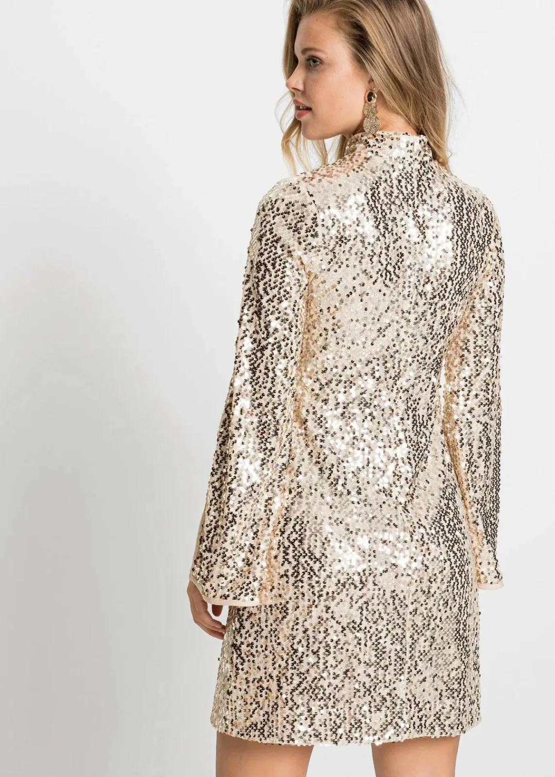 bonprix Bekleidung·Pullover & Strickjacken|Kleider^Paillettenkleid mit Trompeten-Ärmel gold/beige