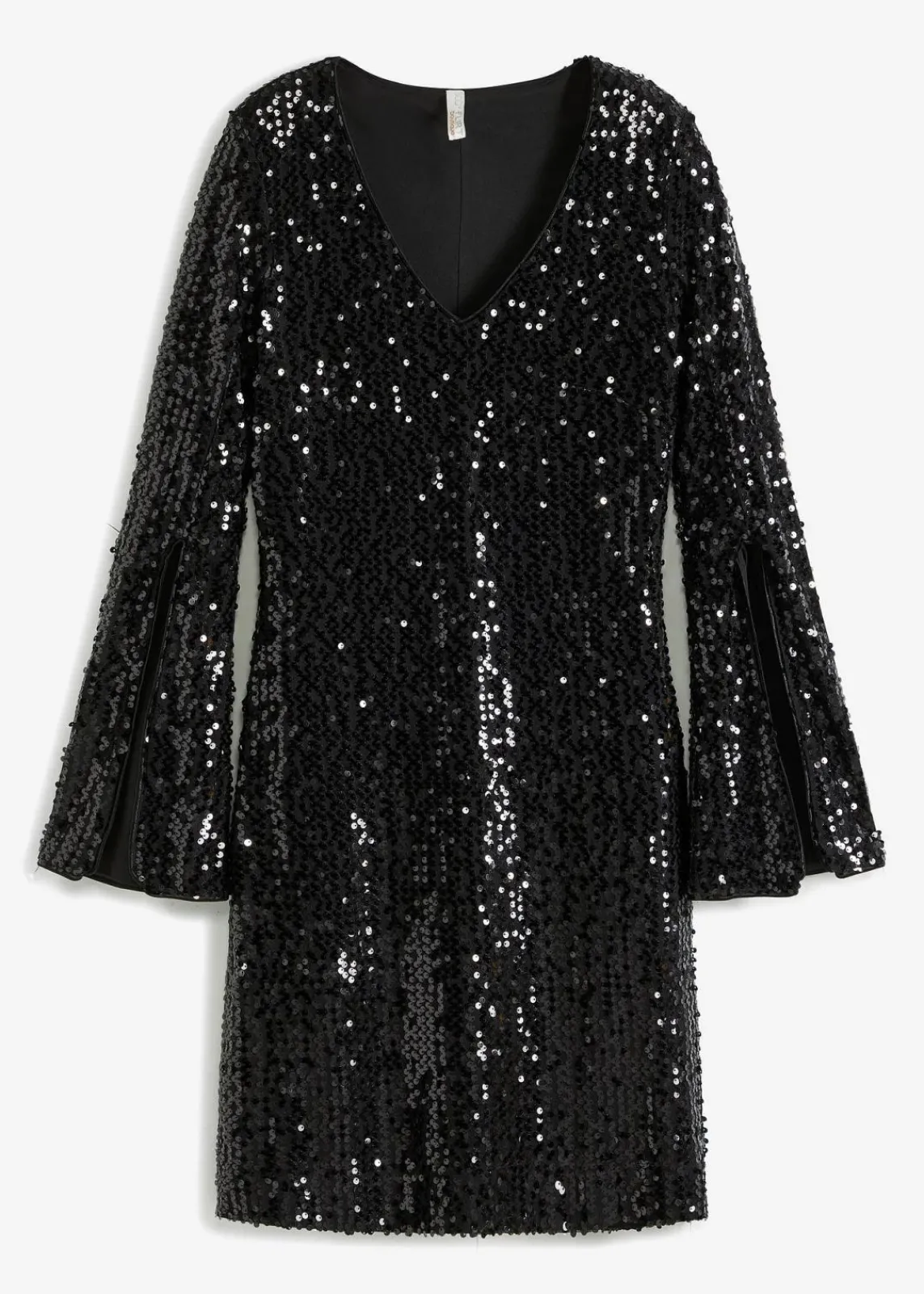 bonprix Bekleidung·Pullover & Strickjacken|Kurzgrößen^Paillettenkleid mit Trompeten-Ärmel schwarz